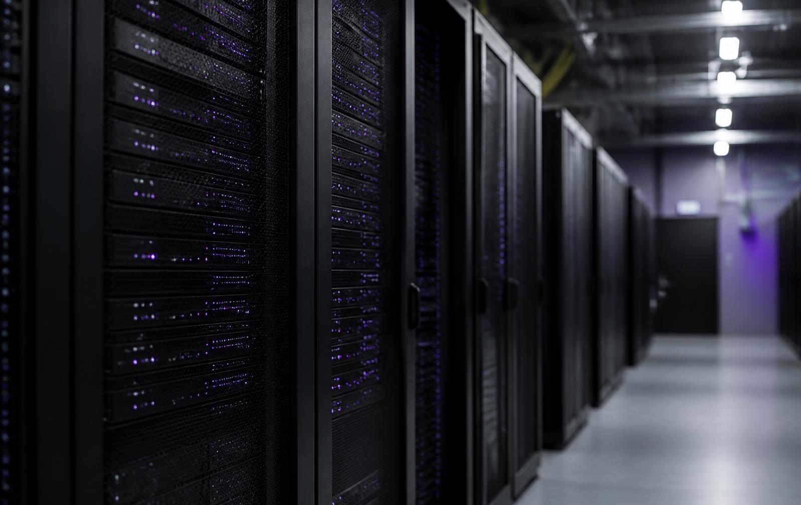 Row of dark server racks in a data centre corridor with indicator lights